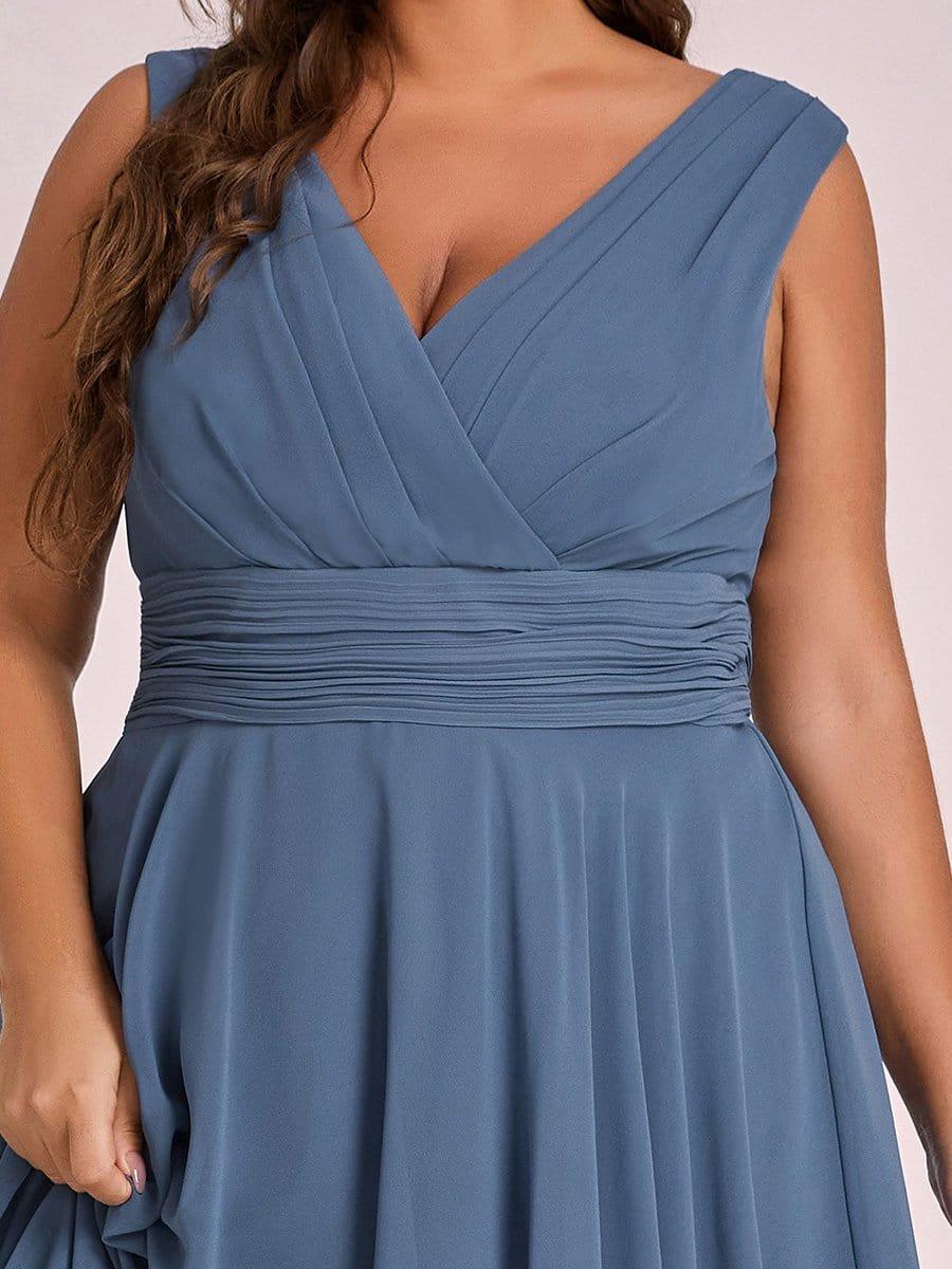 Plus Size Double V Neck Ruched-Waist Midi Chiffon Bridesmaid Dress #color_Dusty Blue 
