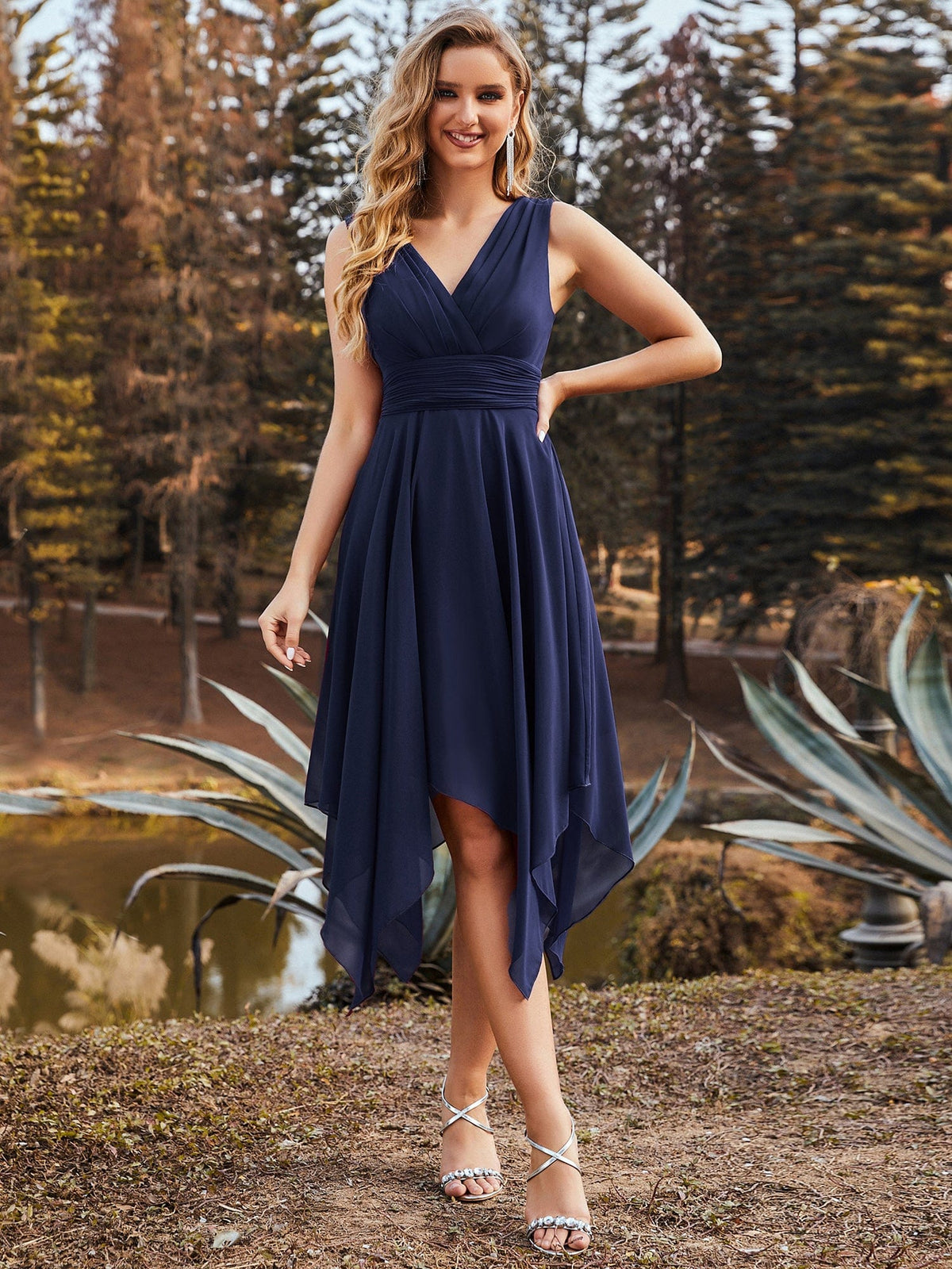 Chiffon Double V-Neck A Line Bridesmaid Dress with Asymmetrical Hem #color_Navy Blue