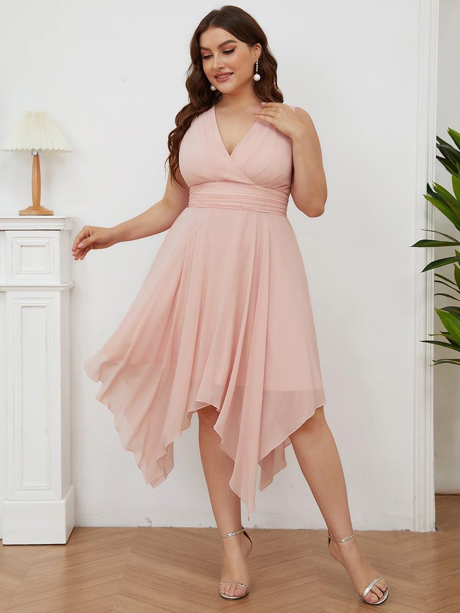 Hot V Neck Ruched Asymmetrical Hems Midi Chiffon Bridesmaid Dress #color_Pink