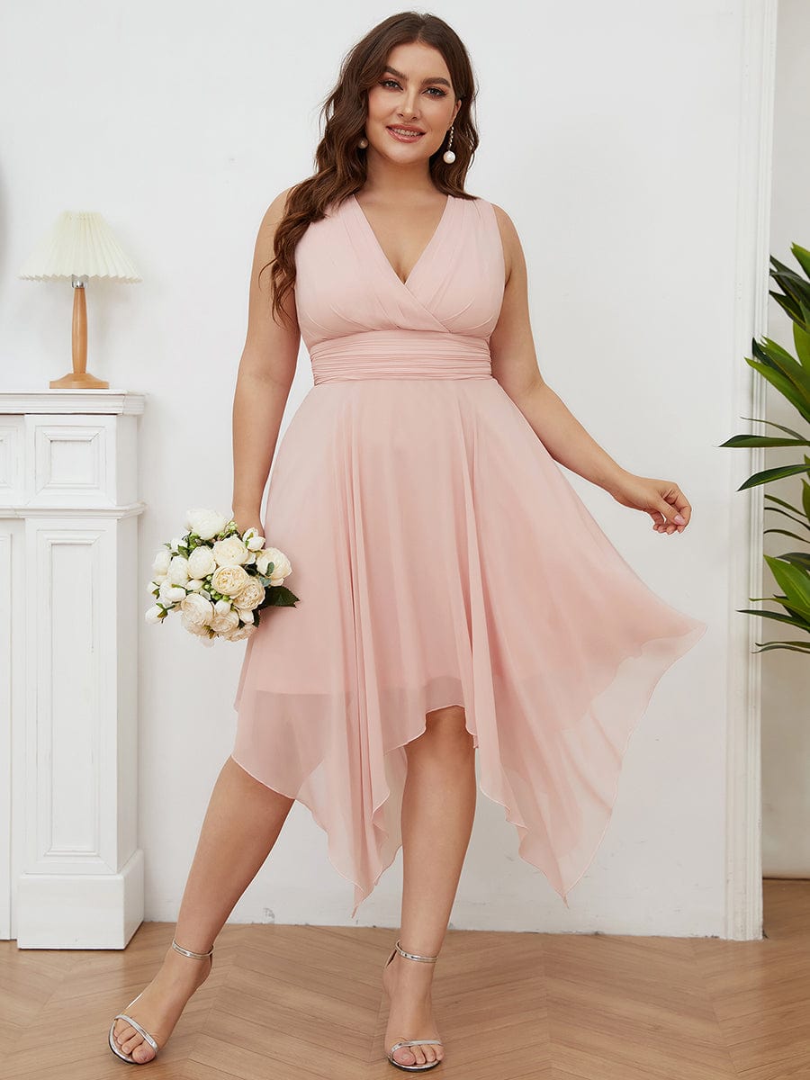 Plus Size Double V Neck Ruched-Waist Midi Chiffon Bridesmaid Dress #color_Pink 