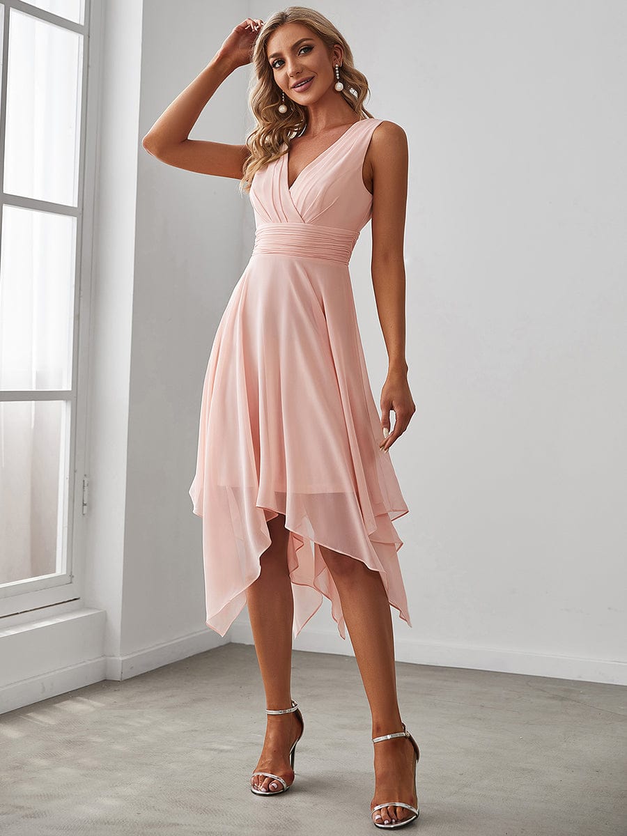 Chiffon Double V-Neck A Line Bridesmaid Dress with Asymmetrical Hem #color_Pink