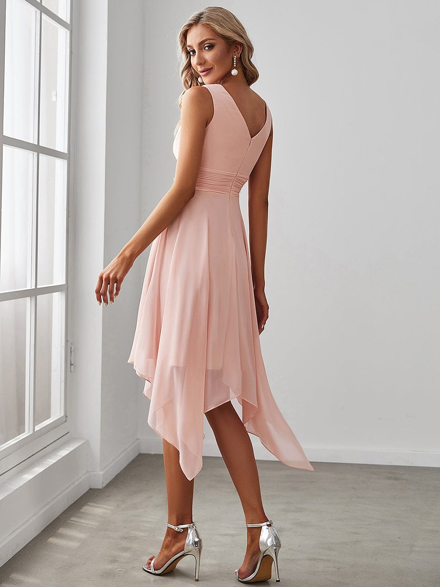 Hot V Neck Ruched Asymmetrical Hems Midi Chiffon Bridesmaid Dress #color_Pink