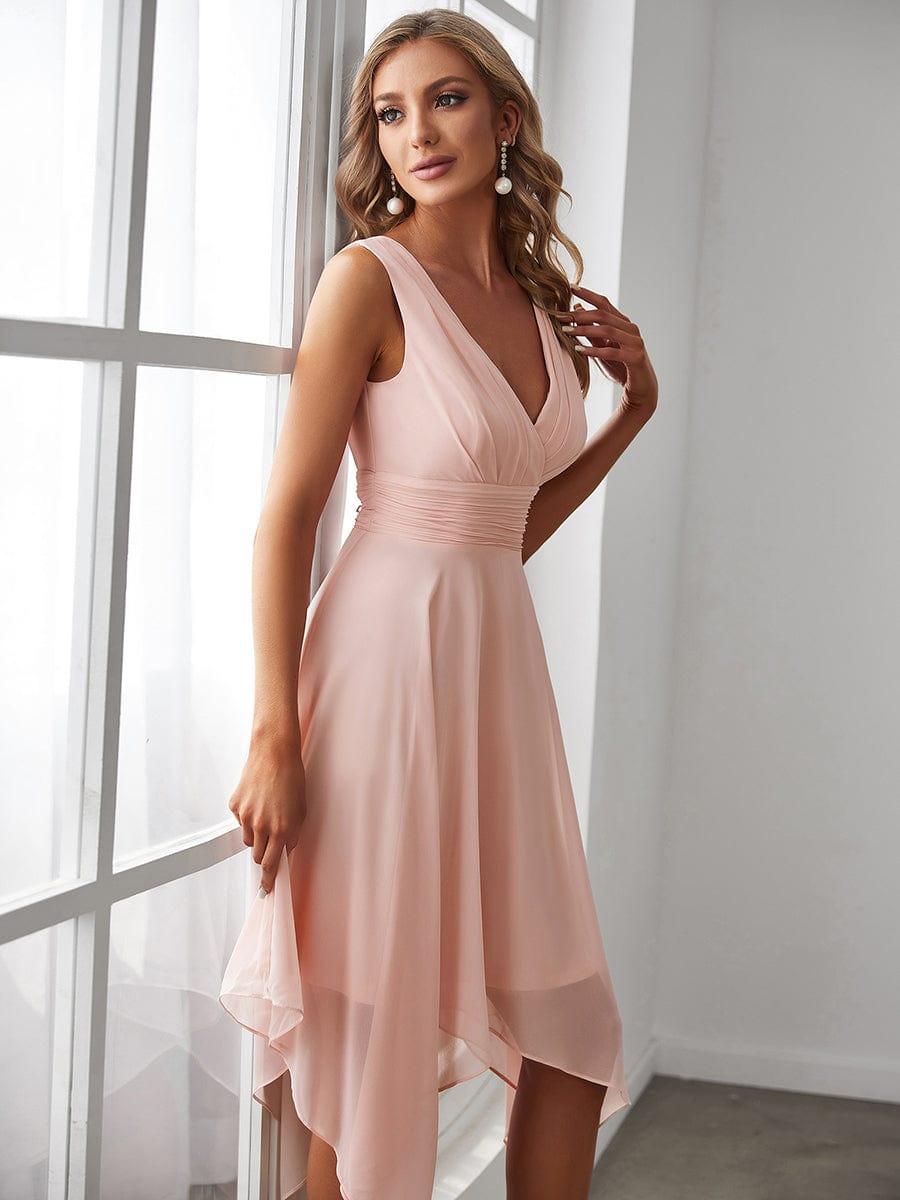 Hot V Neck Ruched Asymmetrical Hems Midi Chiffon Bridesmaid Dress #color_Pink