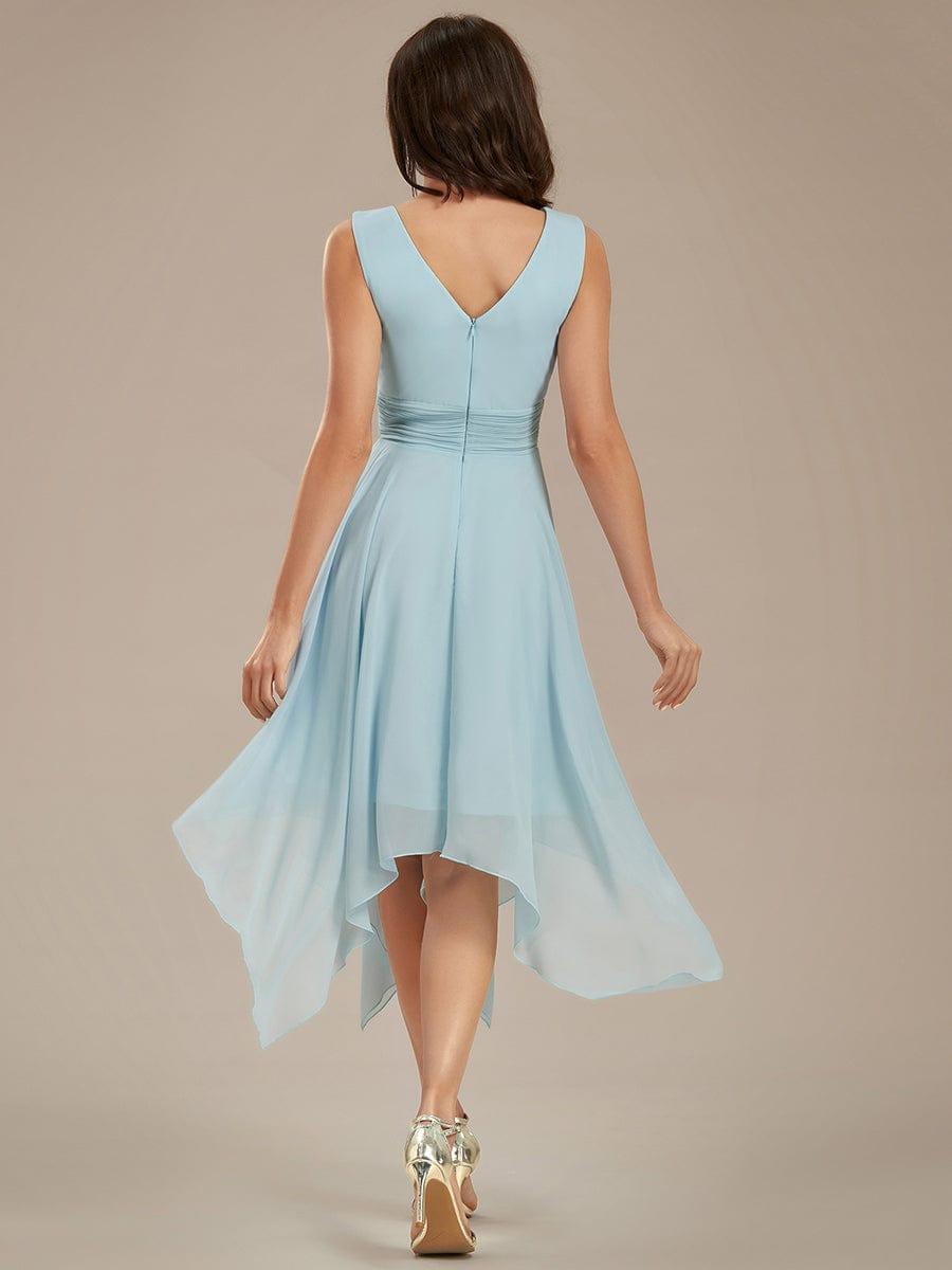 Hot V Neck Ruched Asymmetrical Hems Midi Chiffon Bridesmaid Dress #color_Sky Blue
