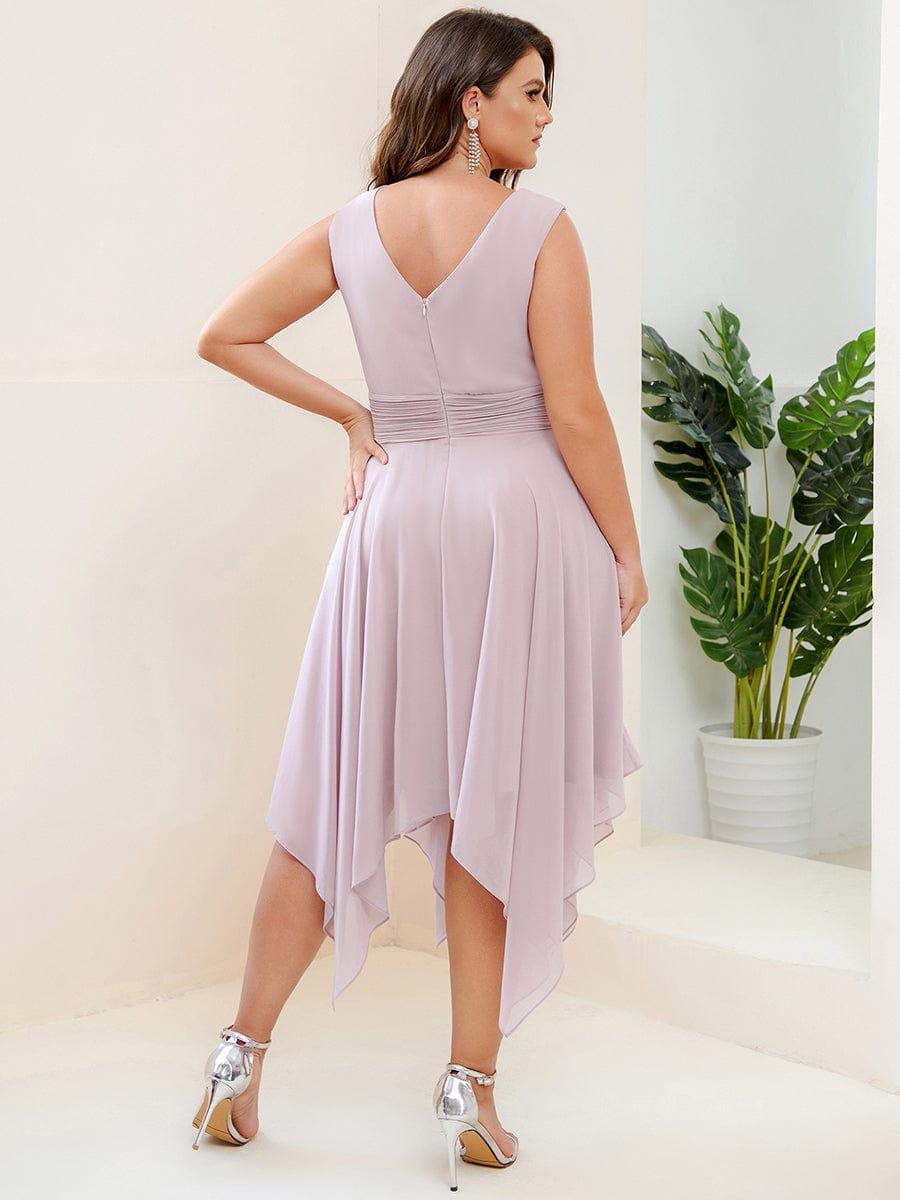 Hot V Neck Ruched Asymmetrical Hems Midi Chiffon Bridesmaid Dress #color_Lilac