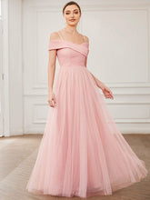 Spaghetti Strap Cold Shoulder Cross Over A-Line Tulle  Bridesmaid Dress #color_Pink