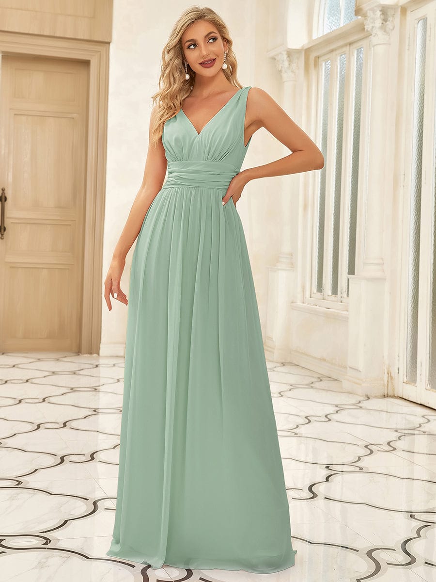 Custom Size Chiffon Sleeveless V-Neck Maxi Bridesmaid Dress #color_Mint Green