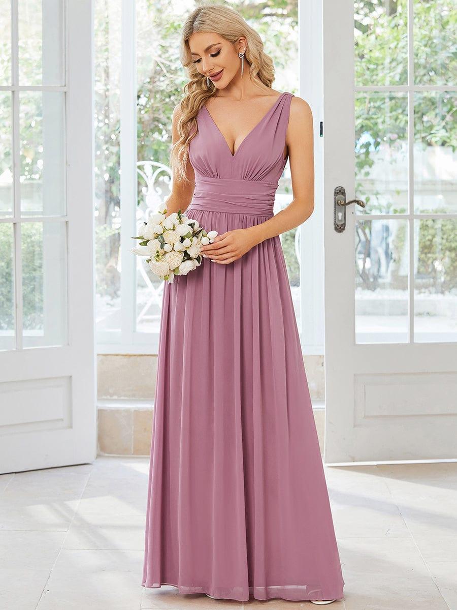 Sleeveless V-Neck Plain Chiffon Maxi Bridesmaid Dress