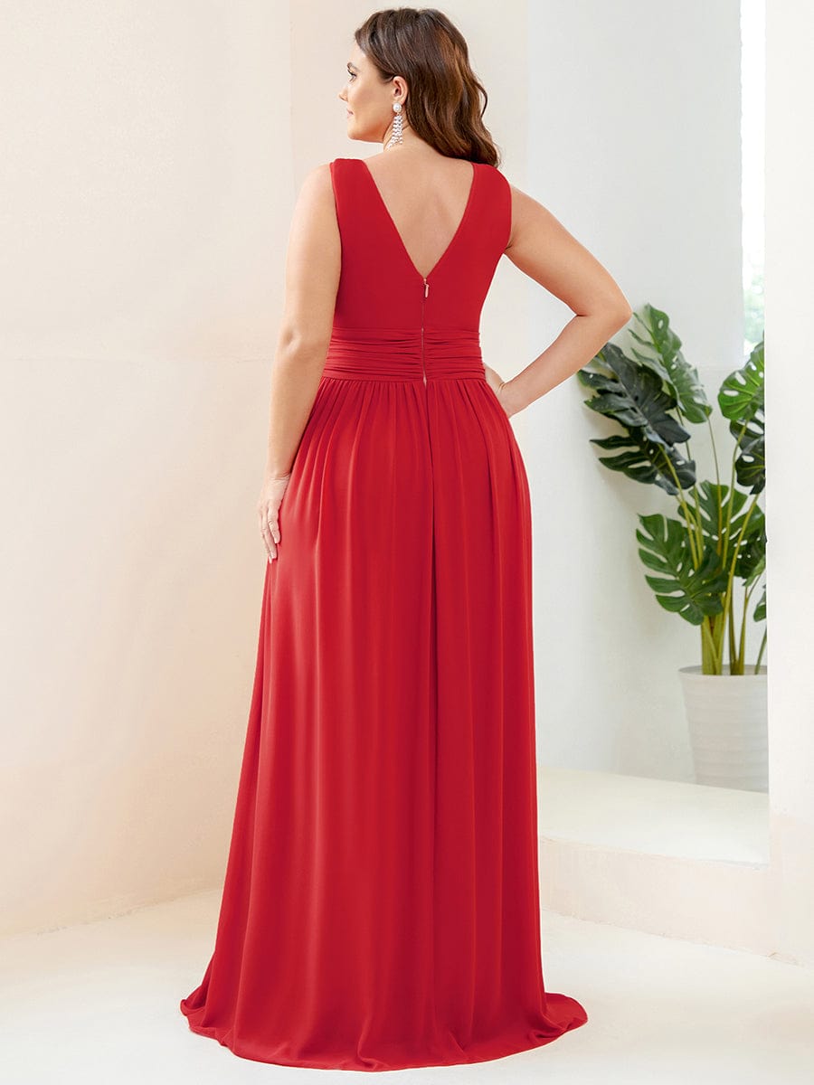 Custom Size Chiffon Sleeveless V-Neck Maxi Bridesmaid Dress #color_Red