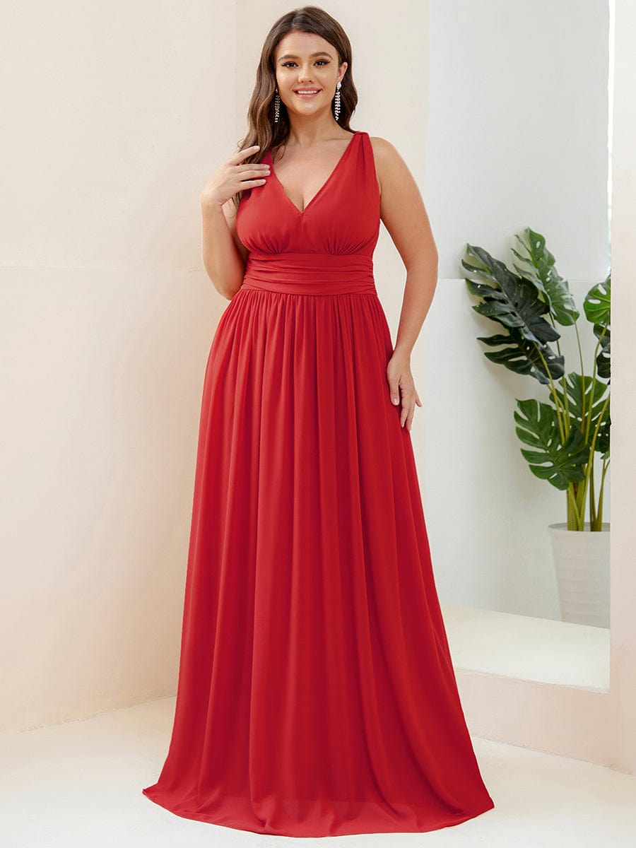 Plus Size Sleeveless V-Neck Semi-Formal Chiffon Bridesmaid Dress #color_Red