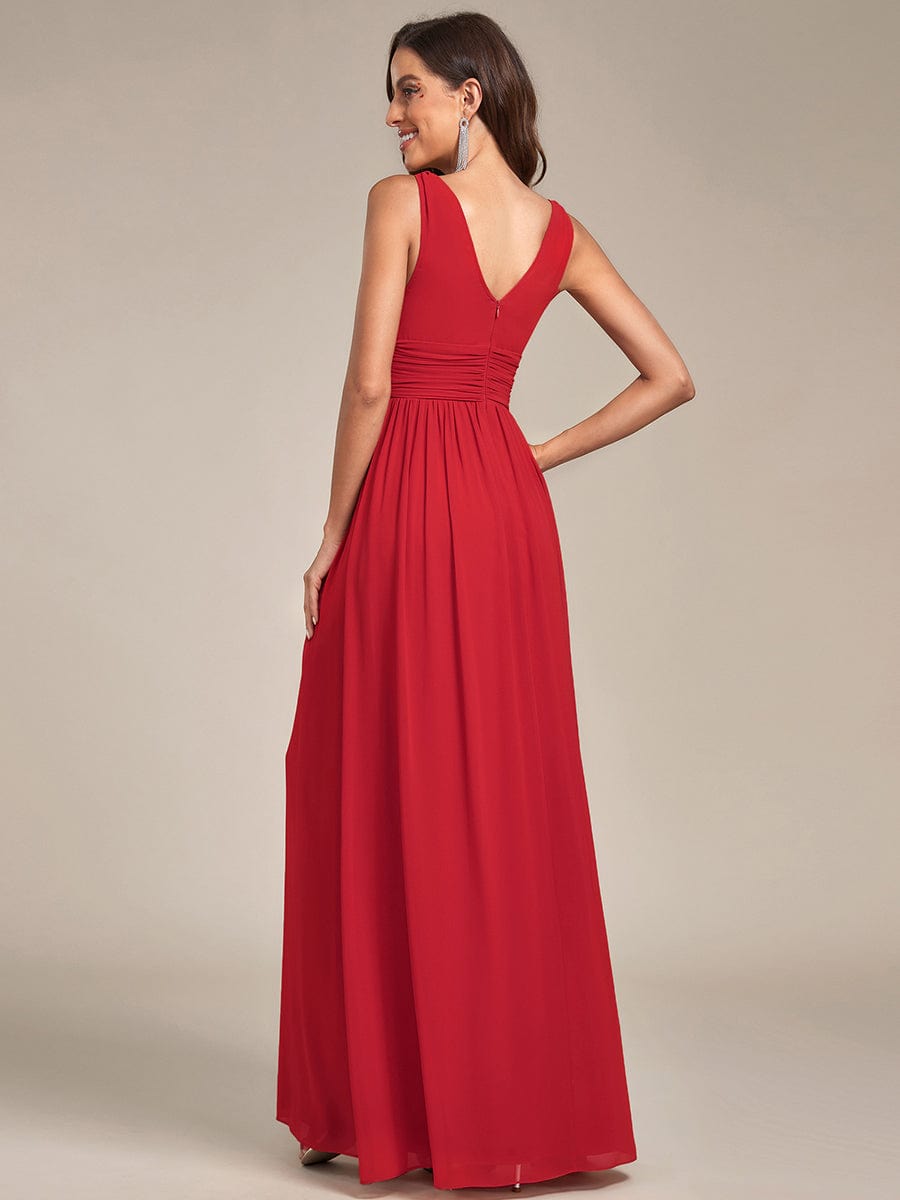 Elegant Sleeveless V-Neck Semi-Formal Maxi Chiffon Bridesmaid Dress #color_Red