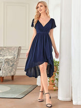 Flutter Sleeve Plunging V-Neck Sheer Bridesmaid Dress #color_Navy Blue 