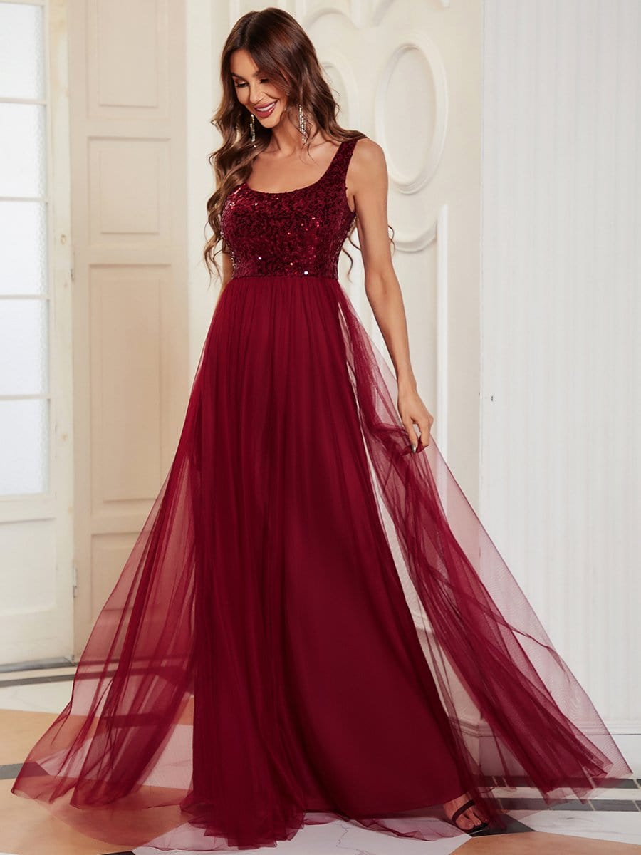 Tulle Sequin Sleeveless A-Line Bridesmaid Dress #color_Burgundy 