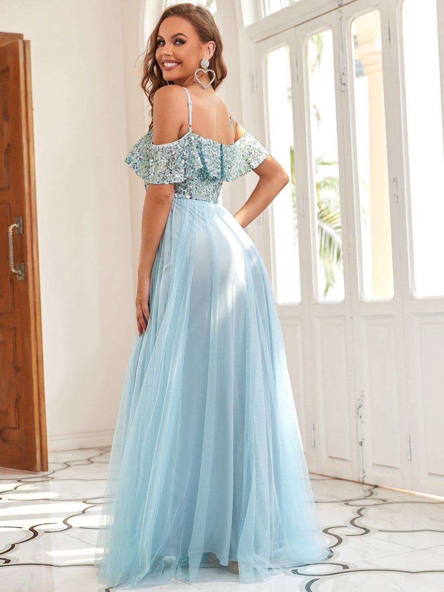 Color=Sky Blue | Sequin Ruffled Cold Shoulder Bridesmaid Dress-Sky Blue 2