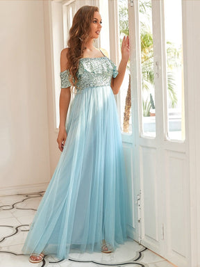 Color=Sky Blue | Sequin Ruffled Cold Shoulder Bridesmaid Dress-Sky Blue 4