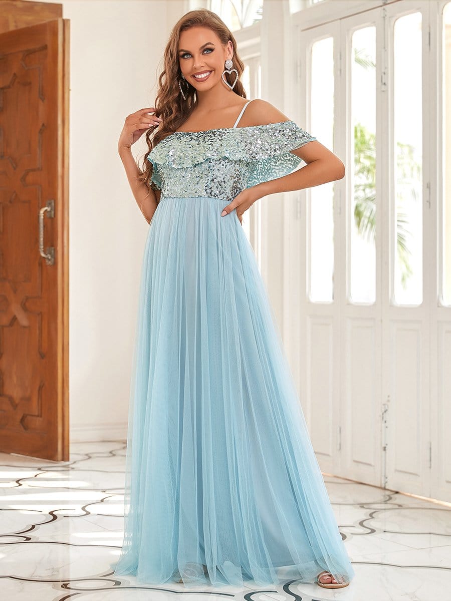 Color=Sky Blue | Sequin Ruffled Cold Shoulder Bridesmaid Dress-Sky Blue 5
