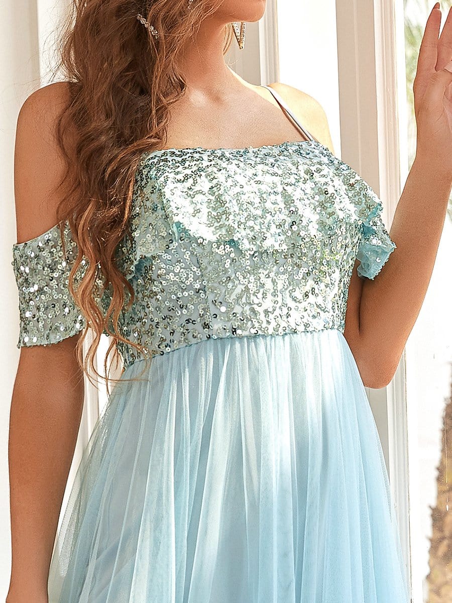 Color=Sky Blue | Sequin Ruffled Cold Shoulder Bridesmaid Dress-Sky Blue 3