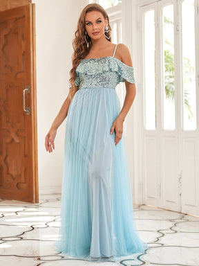 Color=Sky Blue | Sequin Ruffled Cold Shoulder Bridesmaid Dress-Sky Blue 1