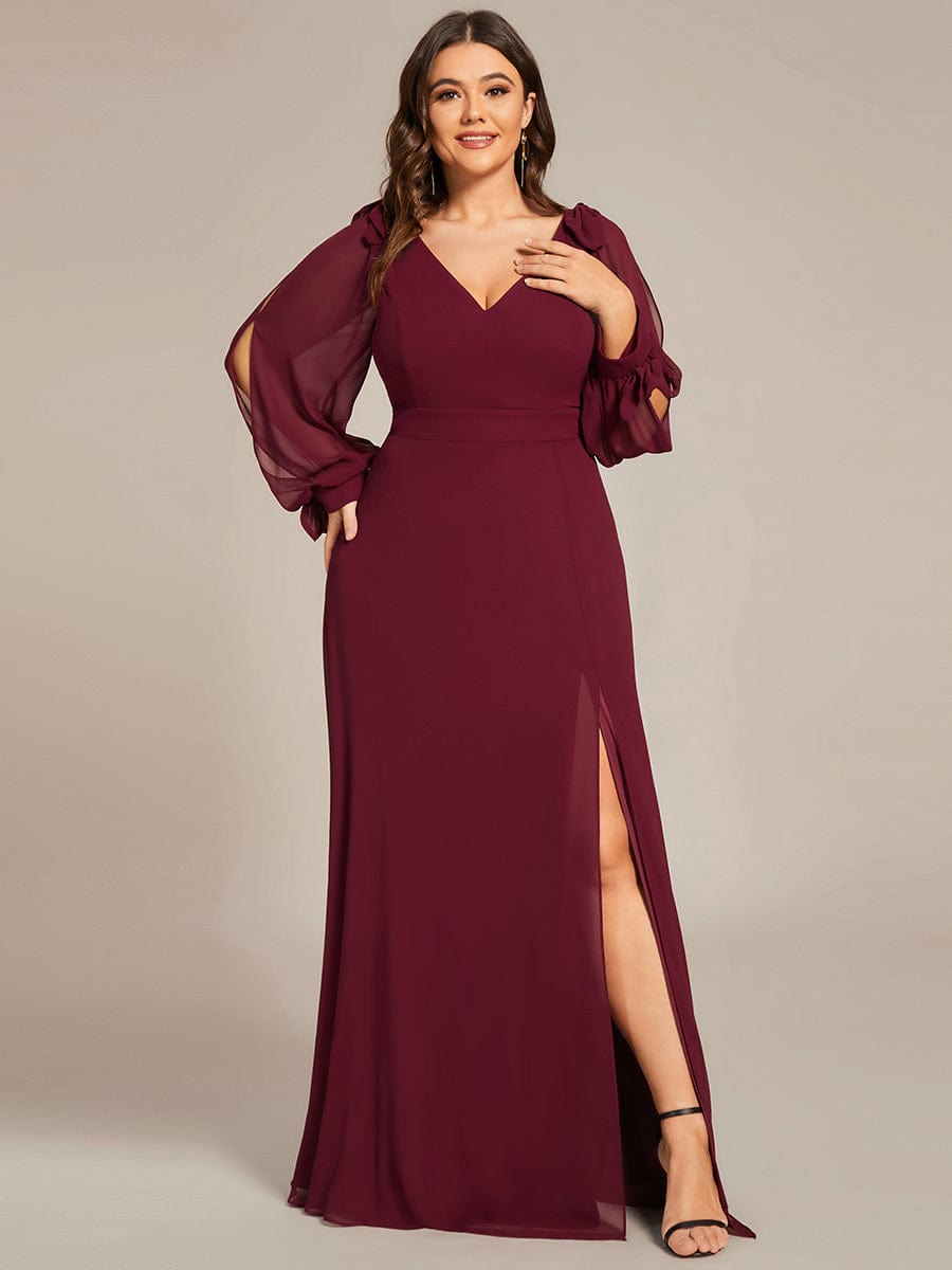Custom Size Double V-Neck High Slit Long Sleeve Formal Dresses #color_Burgundy 