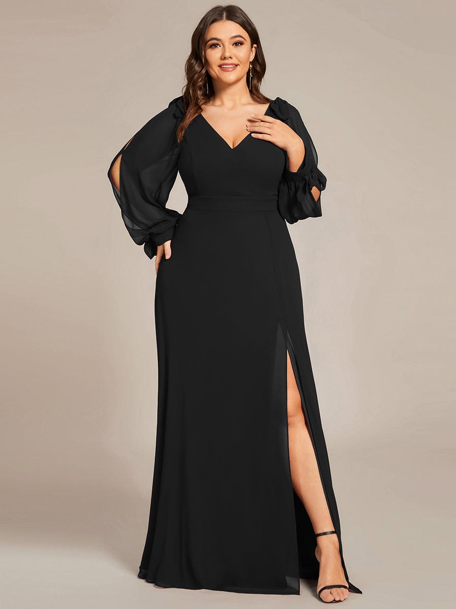 Custom Size Double V-Neck High Slit Long Sleeve Formal Dresses #color_Black