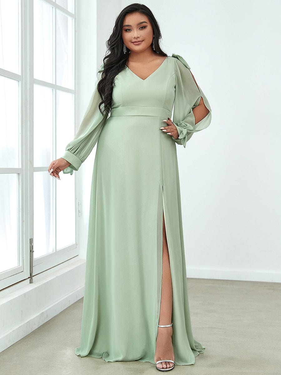 Custom Size Double V-Neck High Slit Long Sleeve Formal Dresses #color_Mint Green 