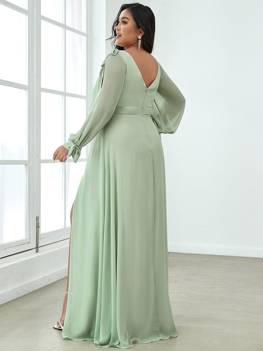 Custom Size Double V-Neck High Slit Long Sleeve Formal Dresses #color_Mint Green 