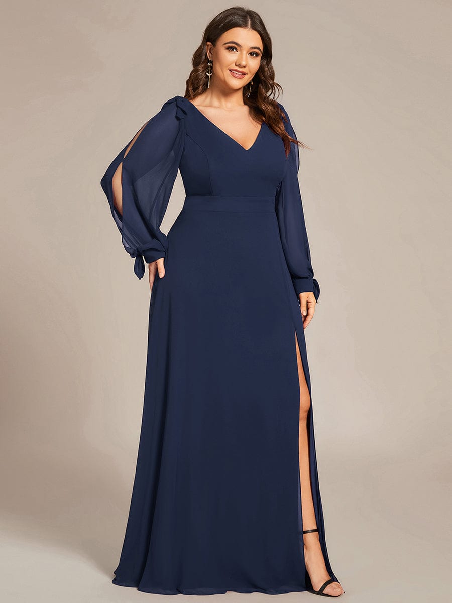 Custom Size Double V-Neck High Slit Long Sleeve Formal Dresses #color_Navy Blue