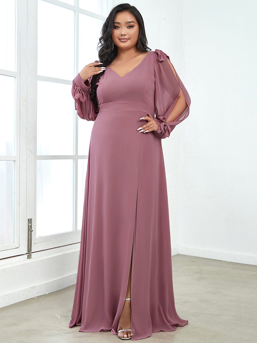 Custom Size Double V-Neck High Slit Long Sleeve Formal Dresses #color_Purple Orchid 
