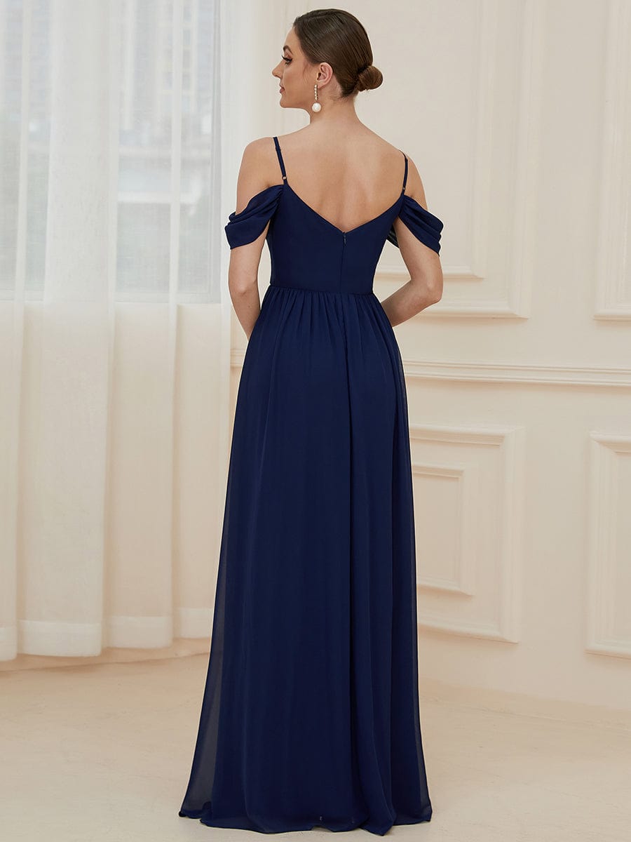 Pleated V-Neck Cold Shoulder Bridesmaid Dress #color_Navy Blue 