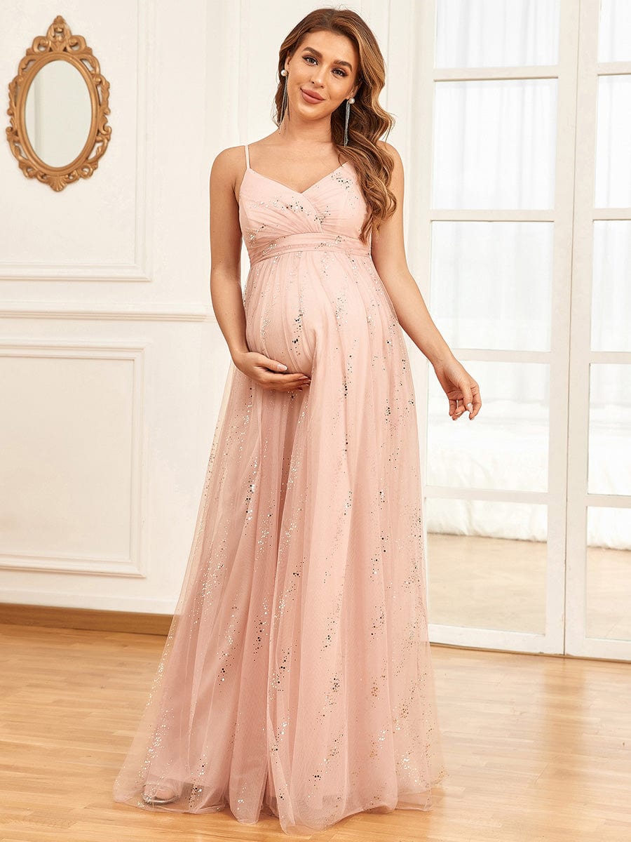 Spaghetti Strap V-Neck Empire Waist Sparkling Maternity Dress