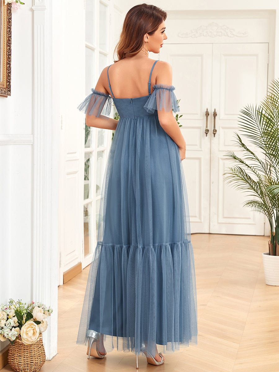 Tulle Draped Cold Shoulder Tiered Pleated Maternity Dress #Color_Dusty Navy