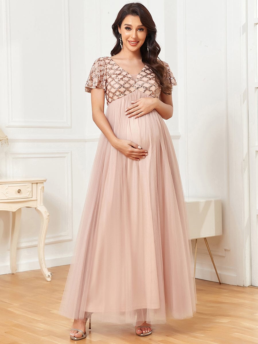 Sequin Short Sleeve Empire Waist Pleated Tulle Maternity Dress #Color_Rose Gold