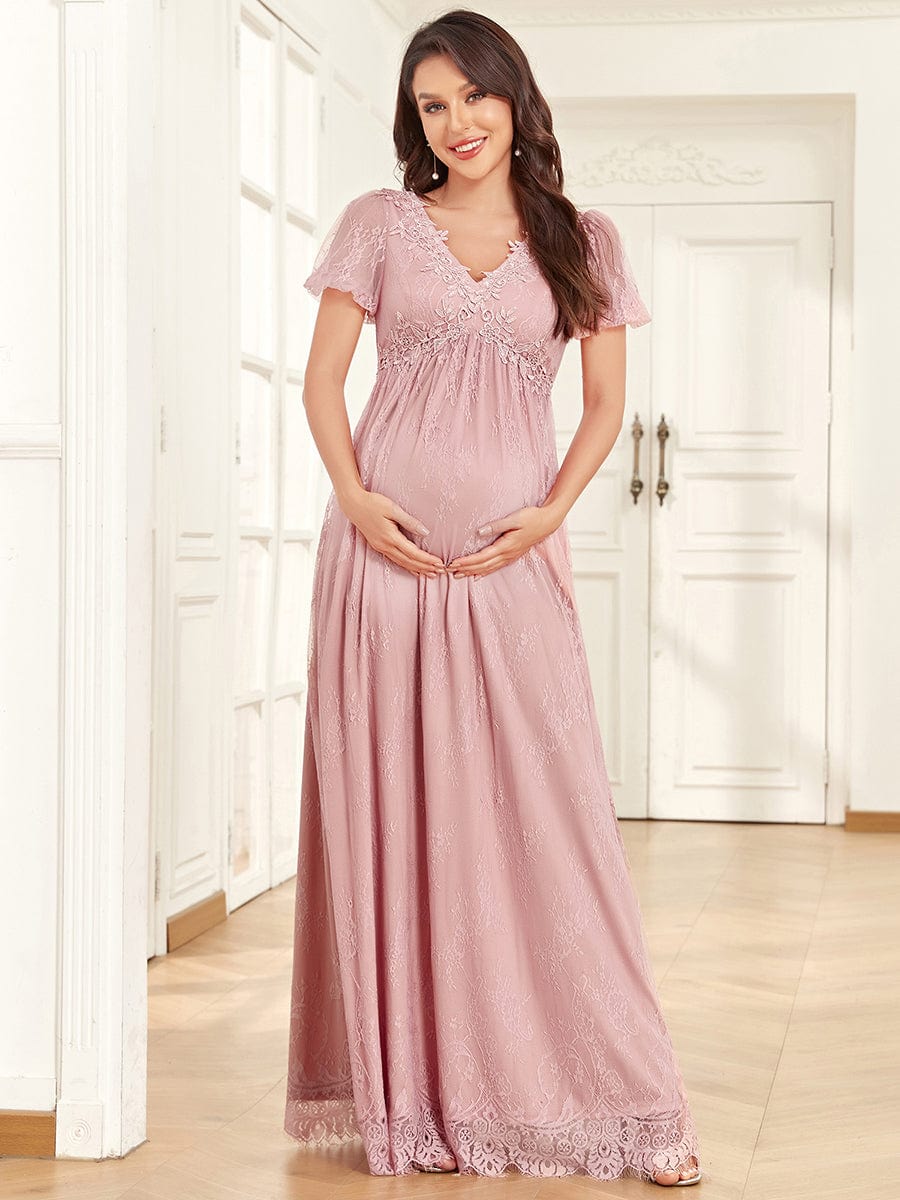 Short Sleeve Lace Bohemian V-Neck Side Slit A-Line Maternity Dress #Color_Dusty Rose