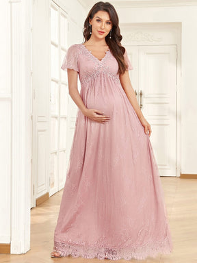 Short Sleeve Lace Bohemian V-Neck Side Slit A-Line Maternity Dress