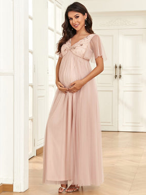 Short Sleeve V-Neck Sequin Tulle A-Line Maternity Dress
