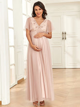 Short Sleeve V-Neck Sequin Tulle A-Line Maternity Dress #Color_Rose Gold