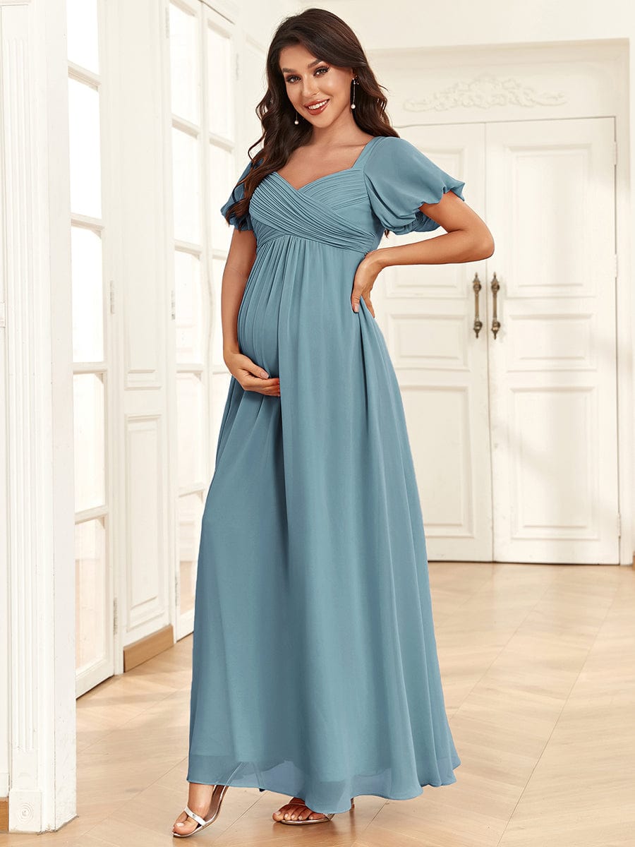 Chiffon Pleated V-Neck Tie-Back A-Line Maternity Dress