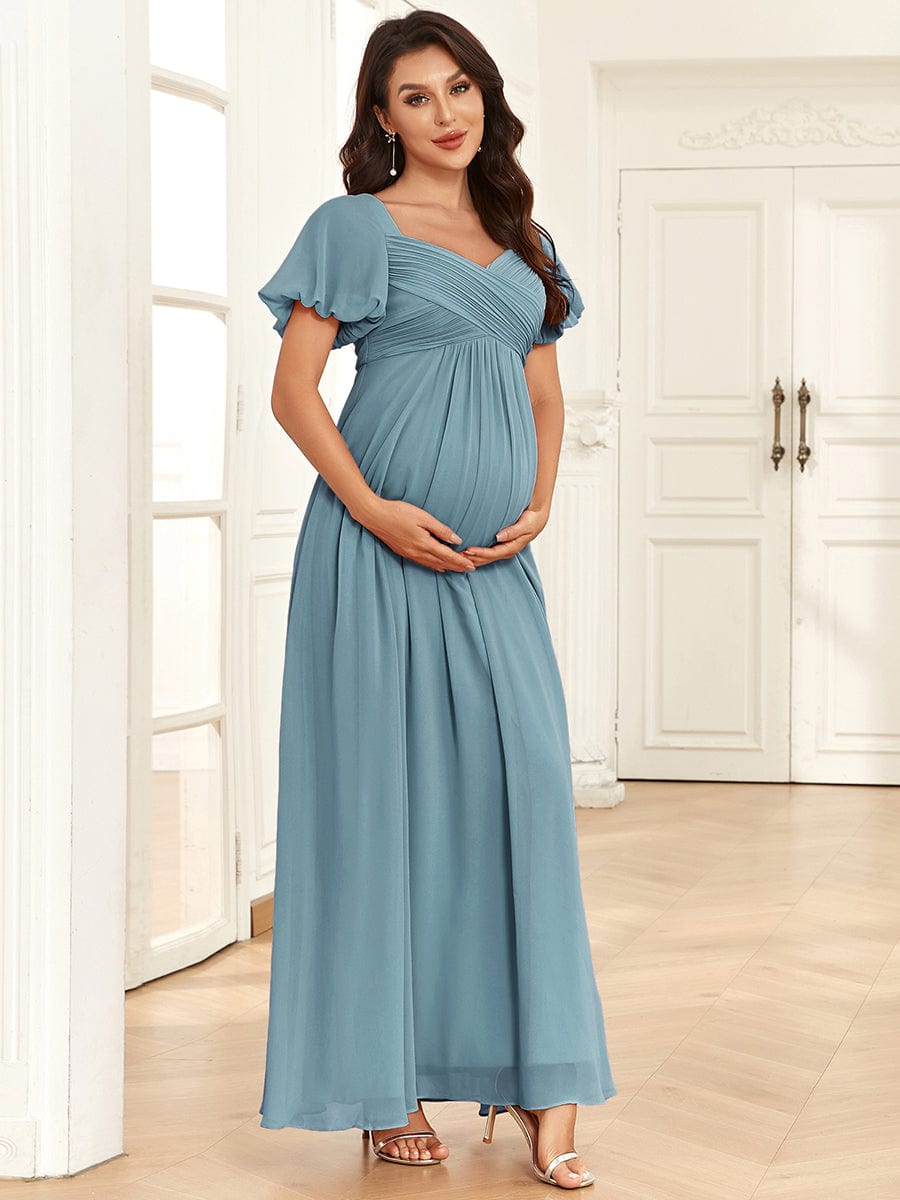 Chiffon Pleated V-Neck Tie-Back A-Line Maternity Dress #Color_Dusty Blue