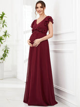 Chiffon Ruffled Short Sleeve Corsage A-Line Maternity Dress #Color_Burgundy