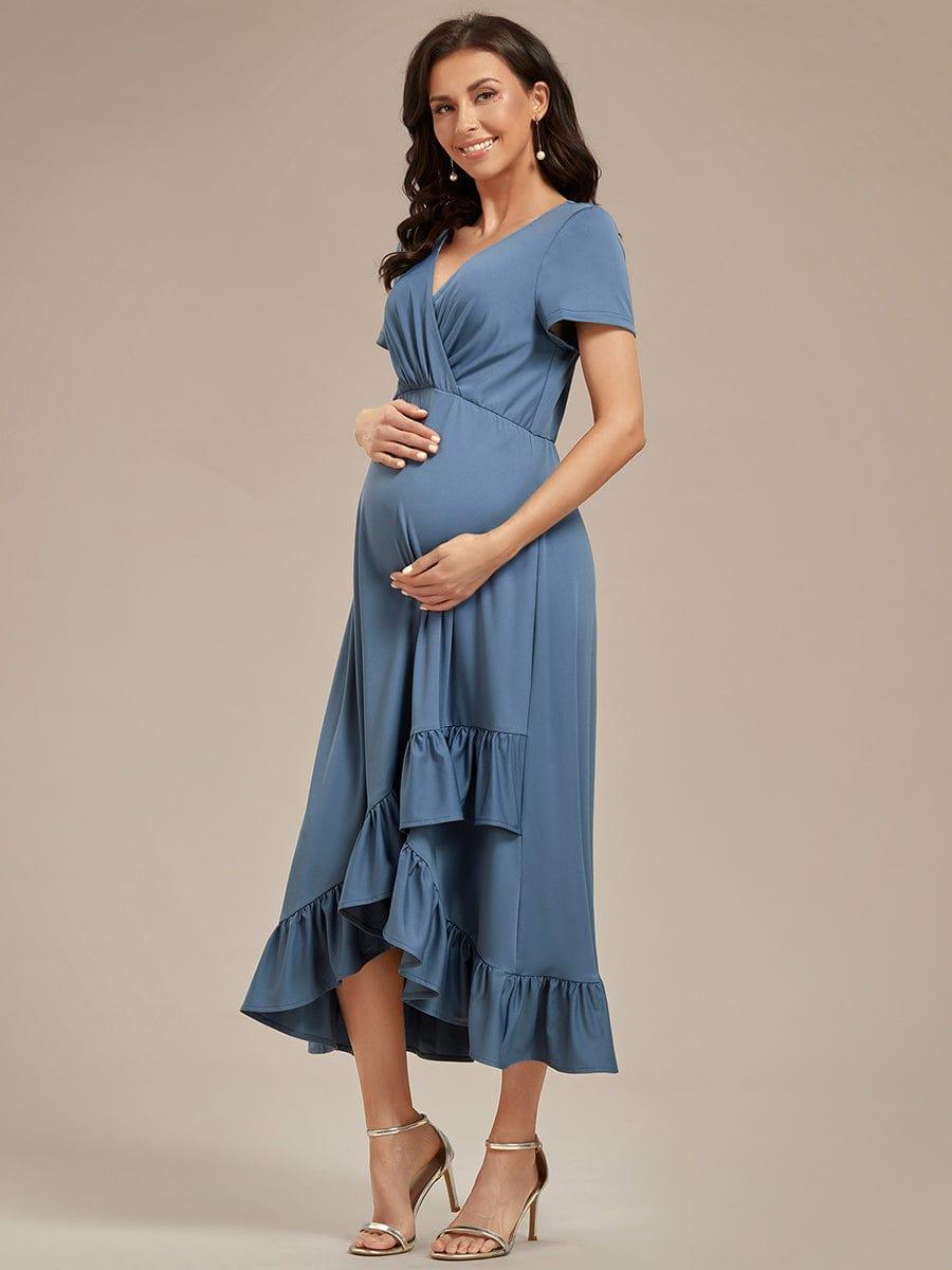 Ruffles High Low Hemline V-Neck High Stretch Maternity Dress #color_Dusty Blue