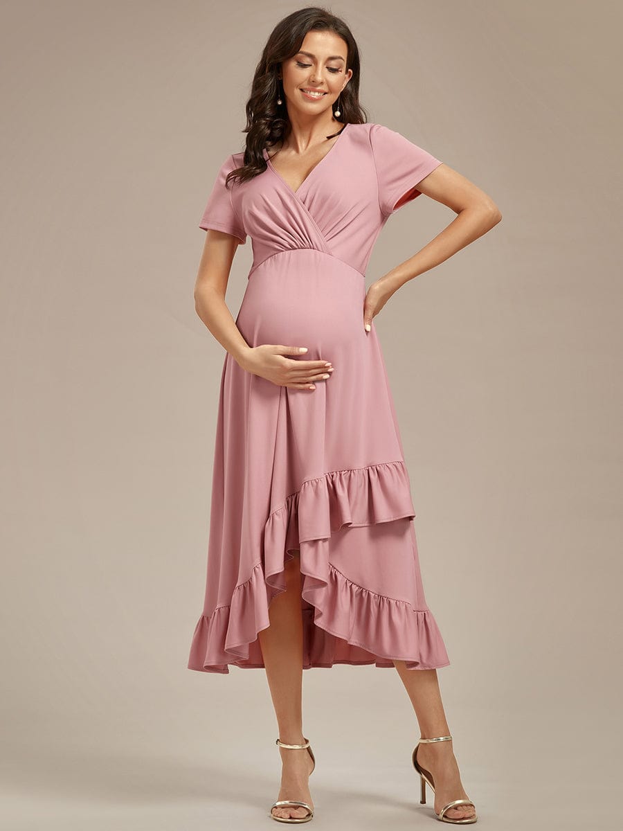 Ruffles High Low Hemline V-Neck High Stretch Maternity Dress #color_Dusty Rose