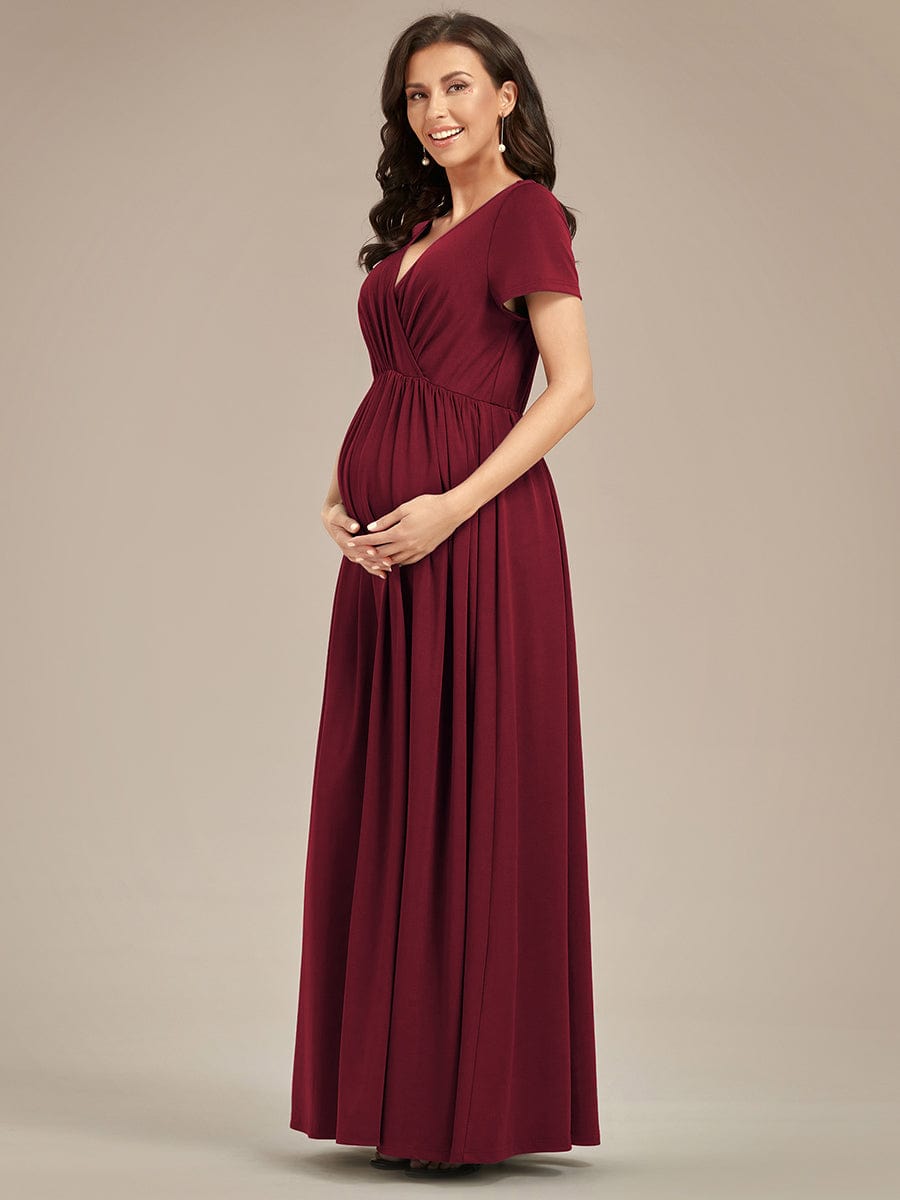 Comfortable Pleated V-Neck Short Sleeve Maternity Dress #color_Burgundy