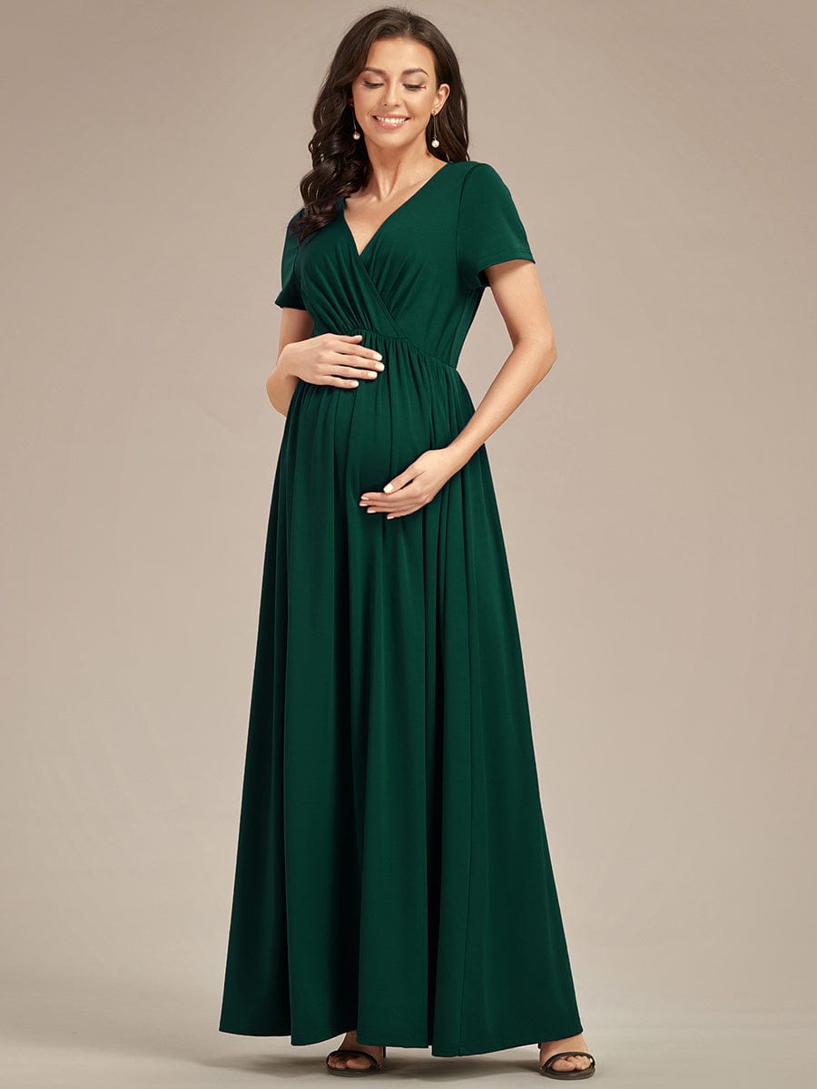 Comfortable Pleated V-Neck Short Sleeve Maternity Dress #color_Dark Green