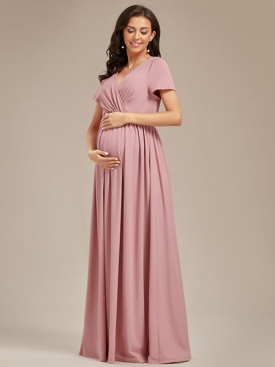 Comfortable Pleated V-Neck Short Sleeve Maternity Dress #color_Dusty Rose