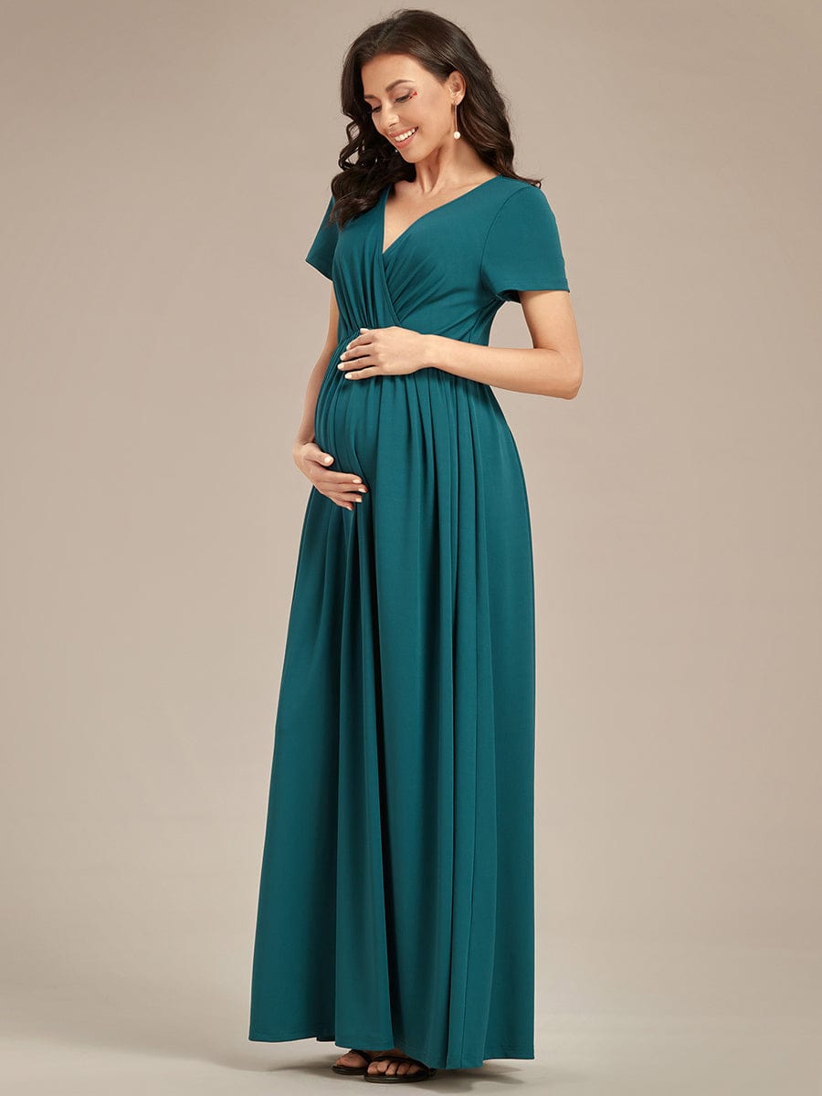 Comfortable Pleated V-Neck Short Sleeve Maternity Dress #color_Teal