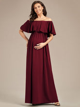 Flattering A-Line Maternity Dress with Off-Shoulder Ruffle #color_Burgundy