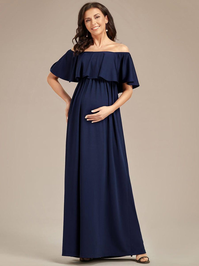 Beige Ruffle Off Shoulder Ruched Maternity Dress