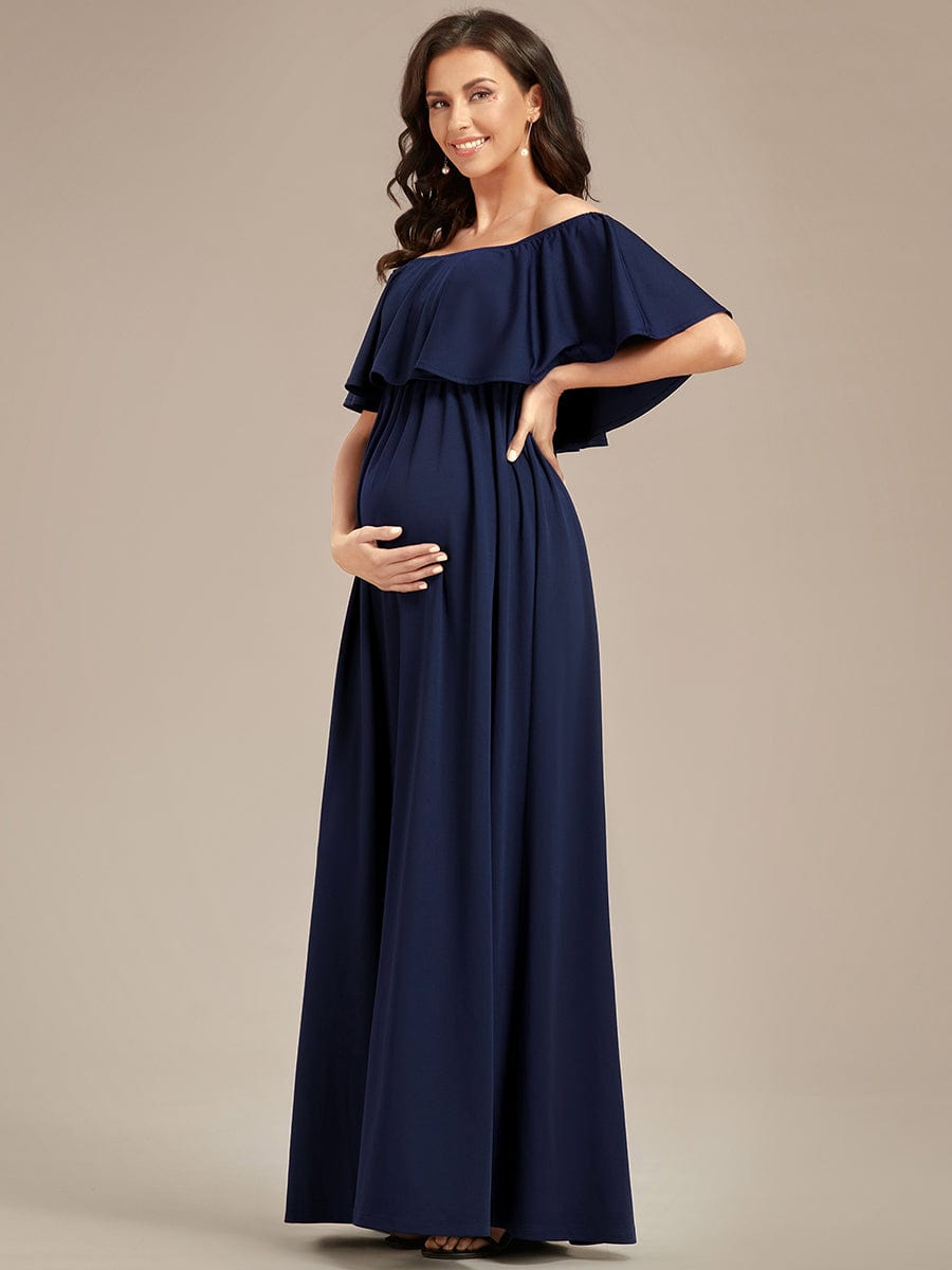 Flattering A-Line Maternity Dress with Off-Shoulder Ruffle #color_Navy Blue