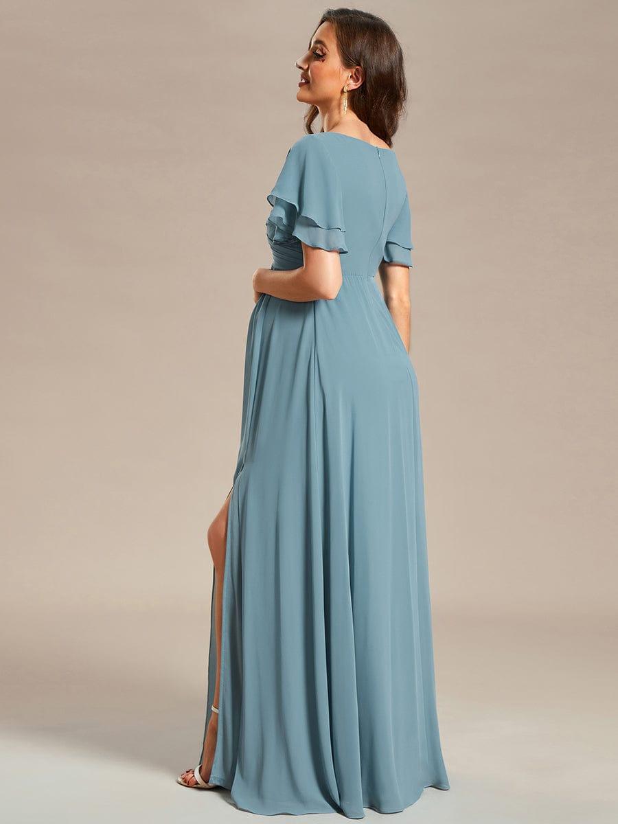 A-Line Ruffles Sleeve Front Slit Pleated Chiffon Maternity Dress #color_Light Teal