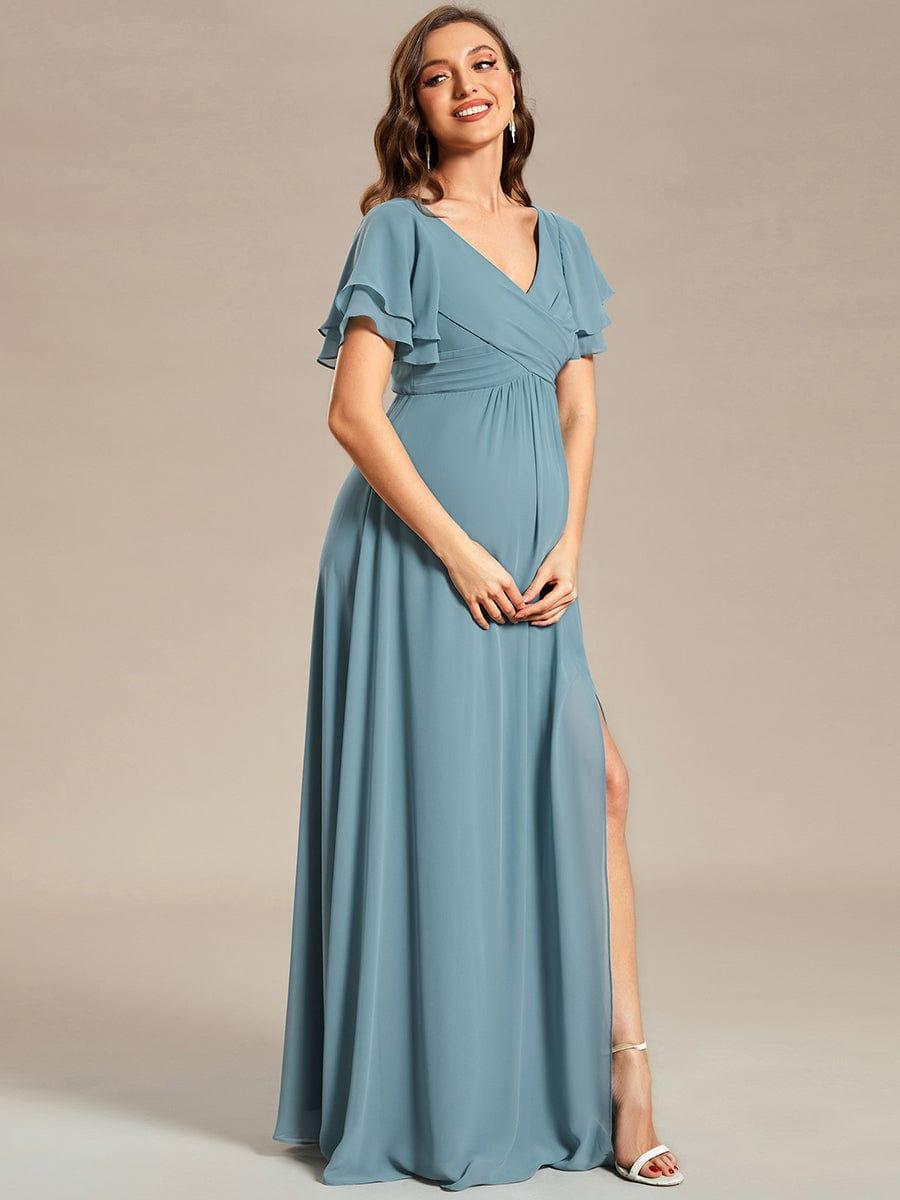 A-Line Ruffles Sleeve Front Slit Pleated Chiffon Maternity Dress #color_Light Teal